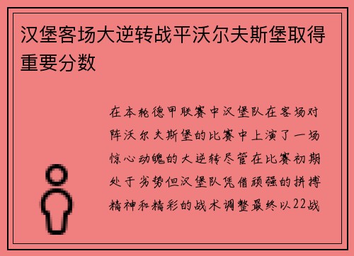 汉堡客场大逆转战平沃尔夫斯堡取得重要分数